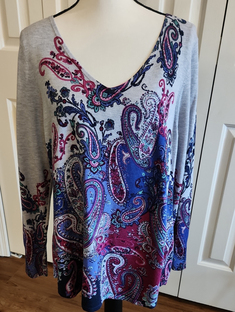 Chico's Paisley V-Neck Long Sleeve Top - Pink, Blue, Gray